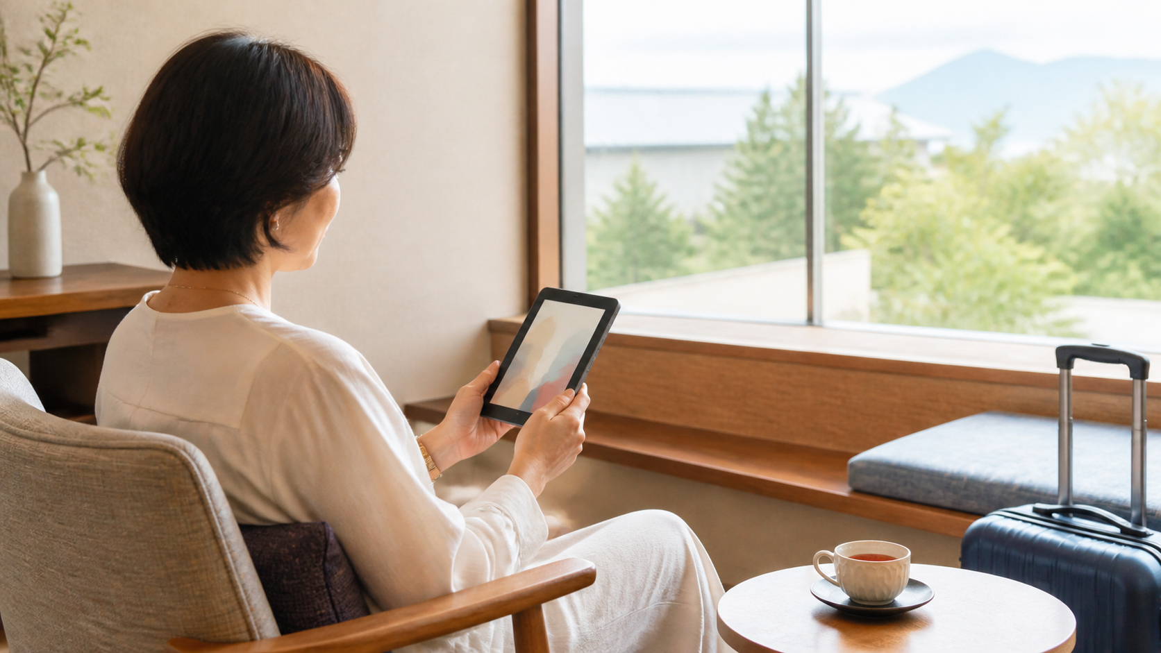 旅先の窓辺で電子書籍リーダーを読む女性とキャリーケース