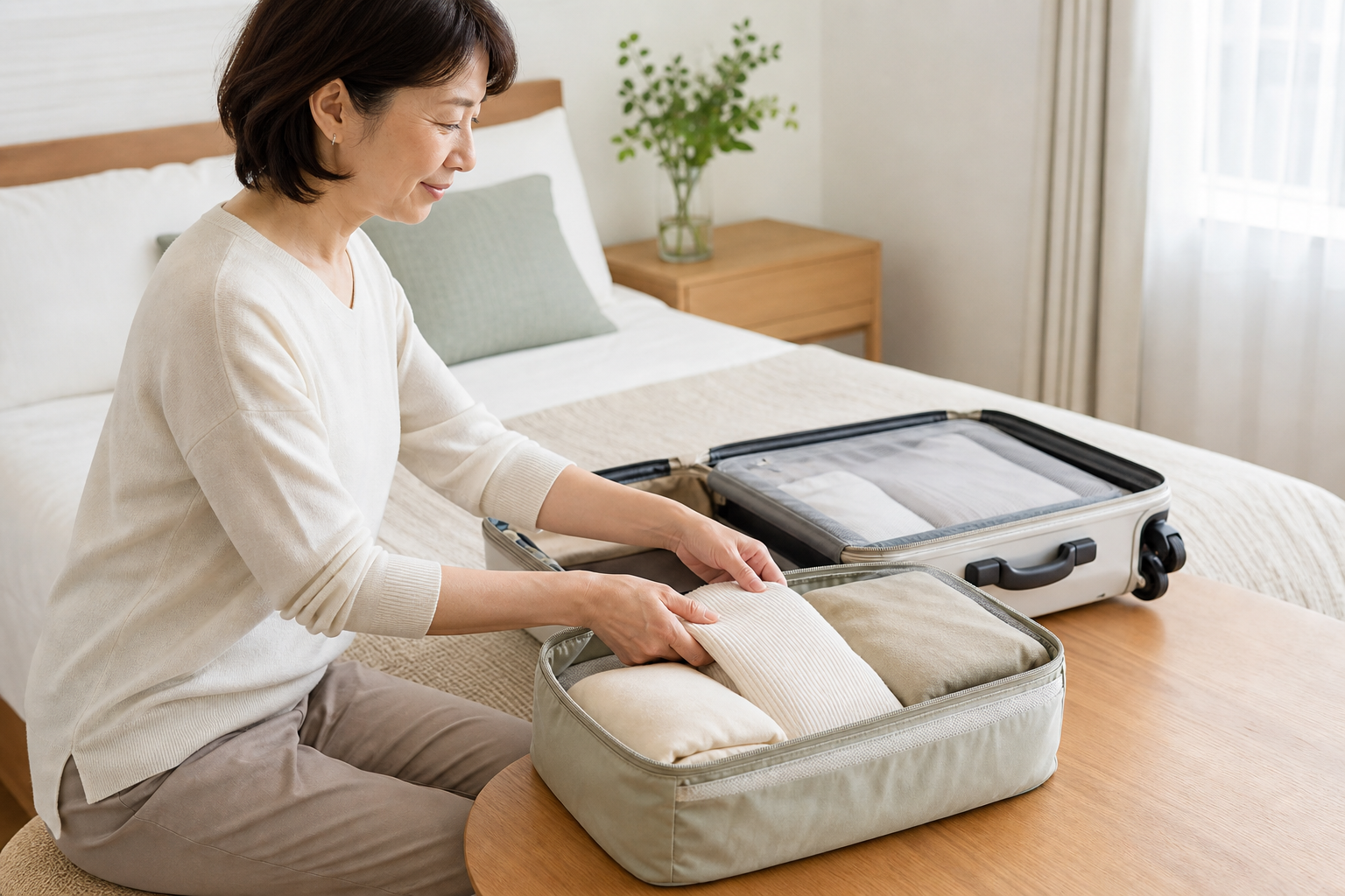 旅行前に圧縮ポーチへ衣類を詰める女性と開いたスーツケース