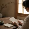 木のテーブルで文庫本を開いて読む女性と湯のみ