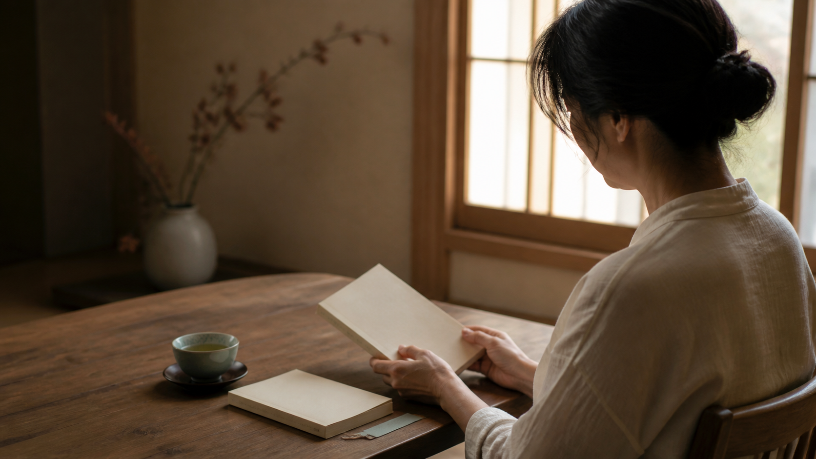 木のテーブルで文庫本を開いて読む女性と湯のみ
