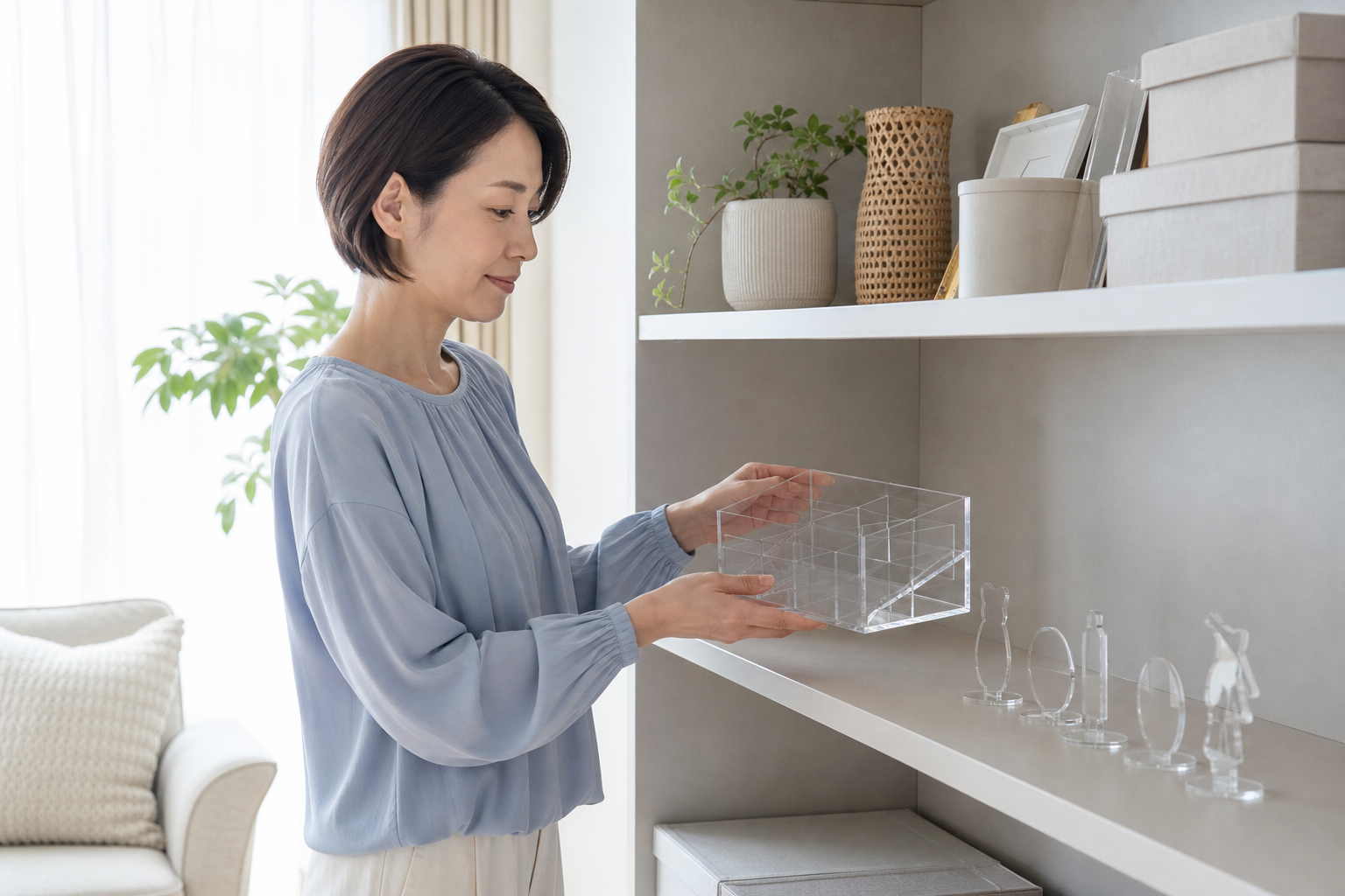透明なアクリルスタンドと収納ホルダーを棚で選ぶ女性