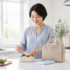 明るいキッチンでベージュの保冷ランチバッグと弁当を準備する女性