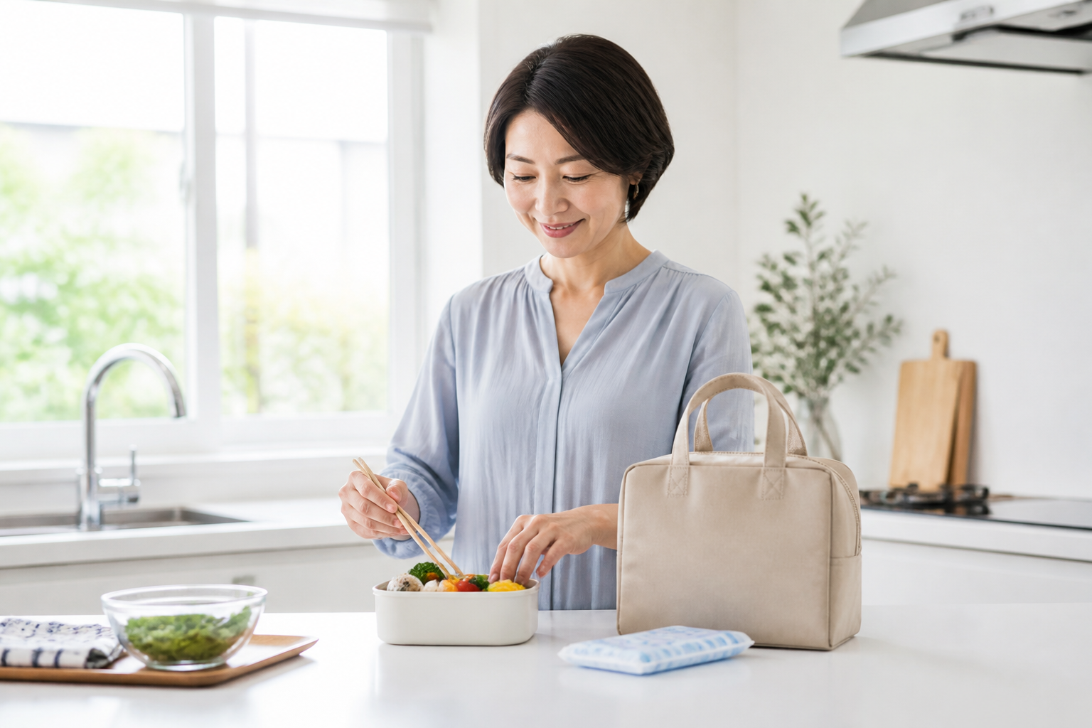明るいキッチンでベージュの保冷ランチバッグと弁当を準備する女性