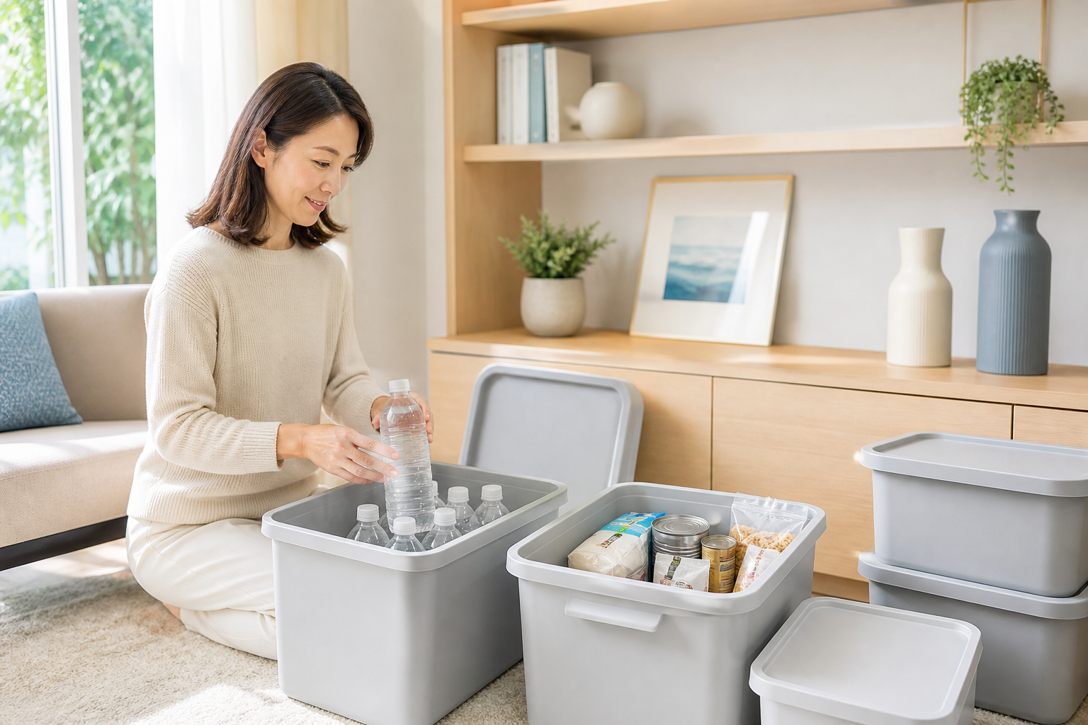 明るいリビングでライトグレーの収納ボックスに飲料水と食品を整理する女性