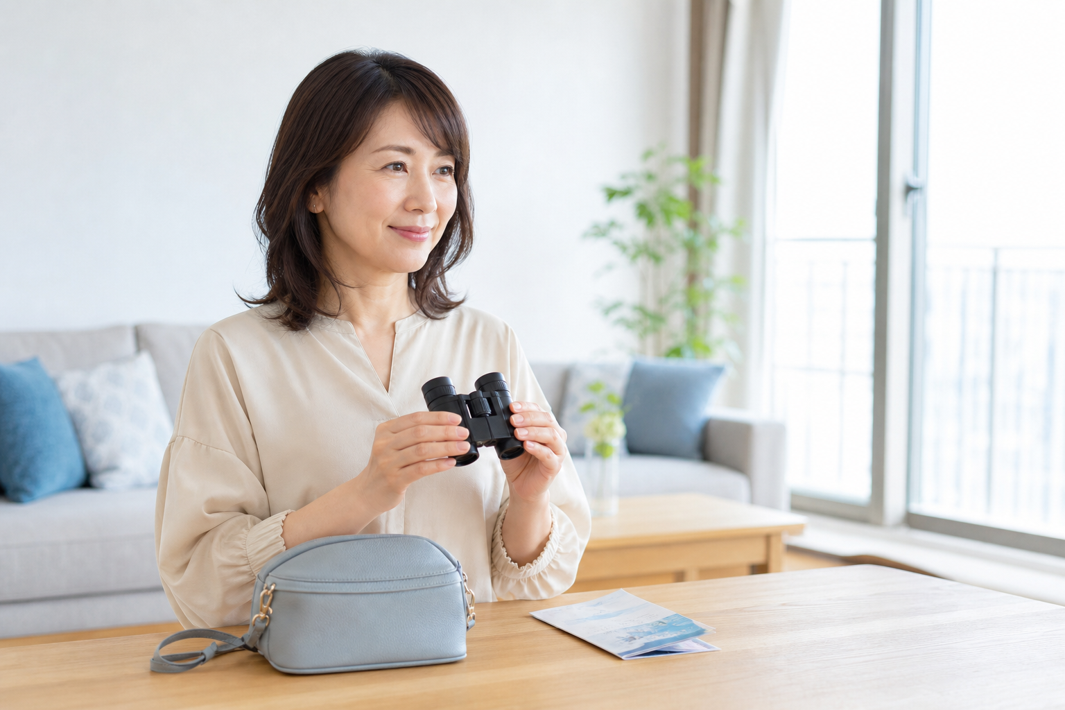 明るいリビングでコンパクト双眼鏡を手に、ライブの準備をする女性