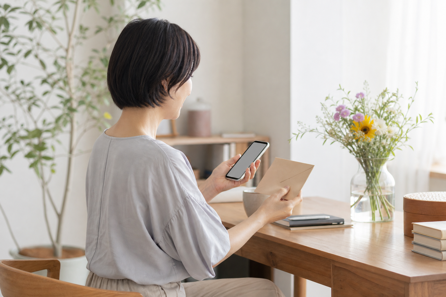 スマートフォンとカードを手にデジタルギフトを準備する女性