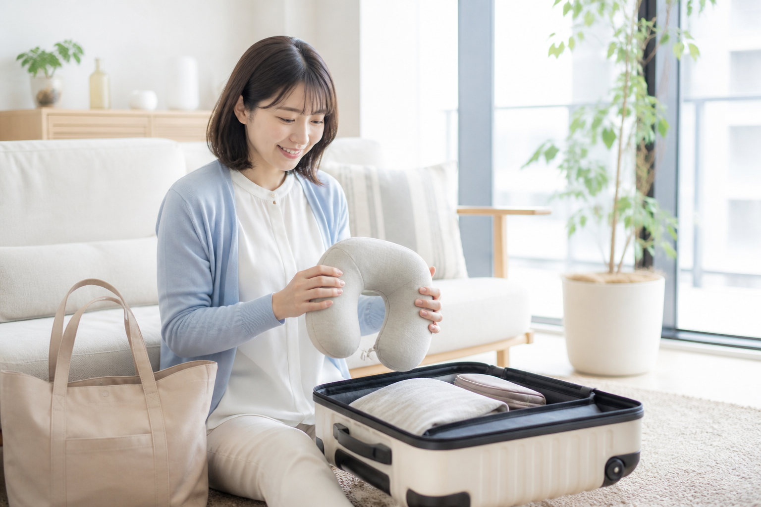 明るいリビングで旅行用ネックピローとスーツケースを準備する女性