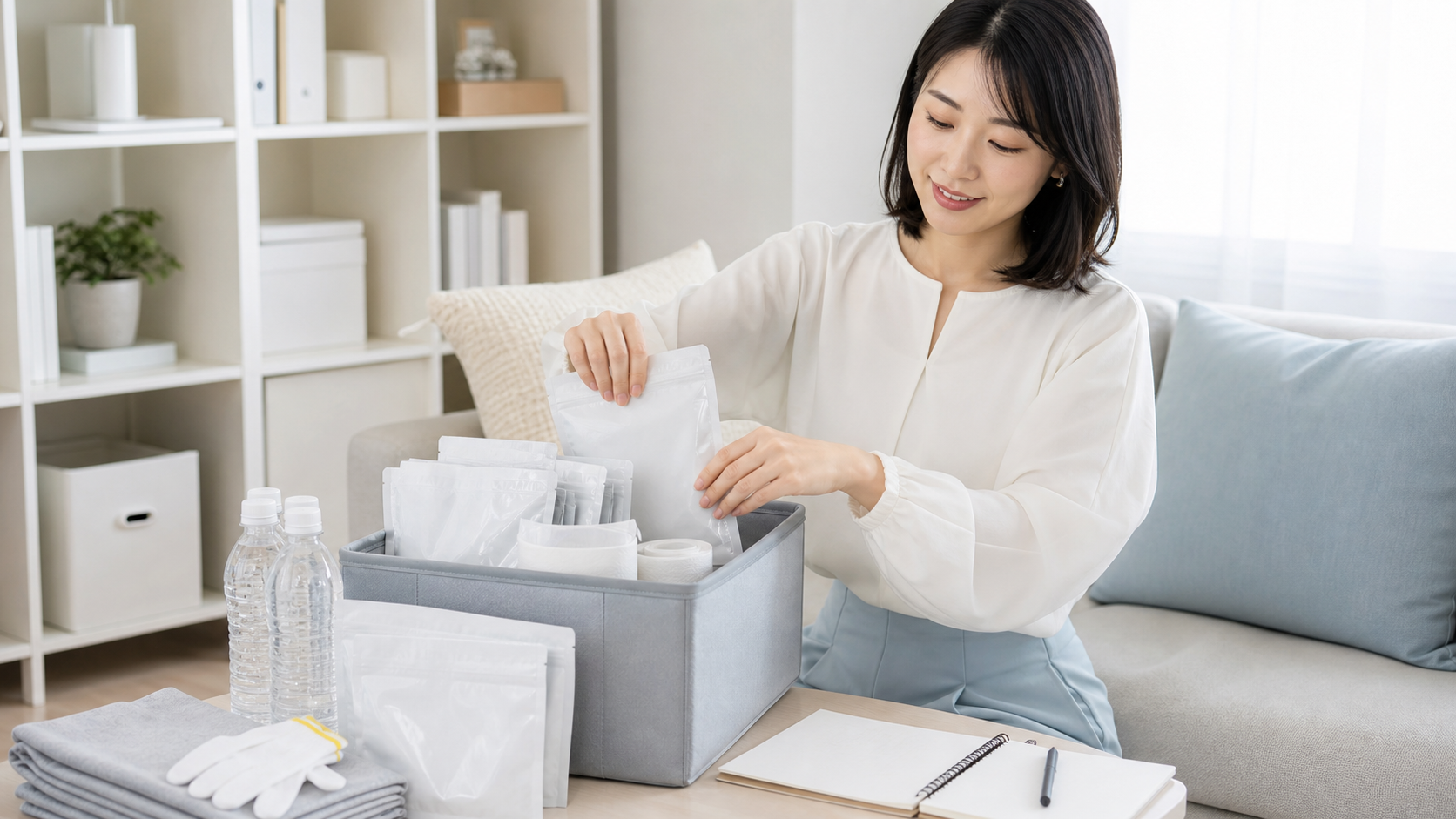 明るいリビングで非常用トイレ用品を収納ボックスへ準備する女性