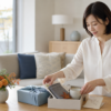 明るいリビングで敬老の日のプレゼントを準備する女性