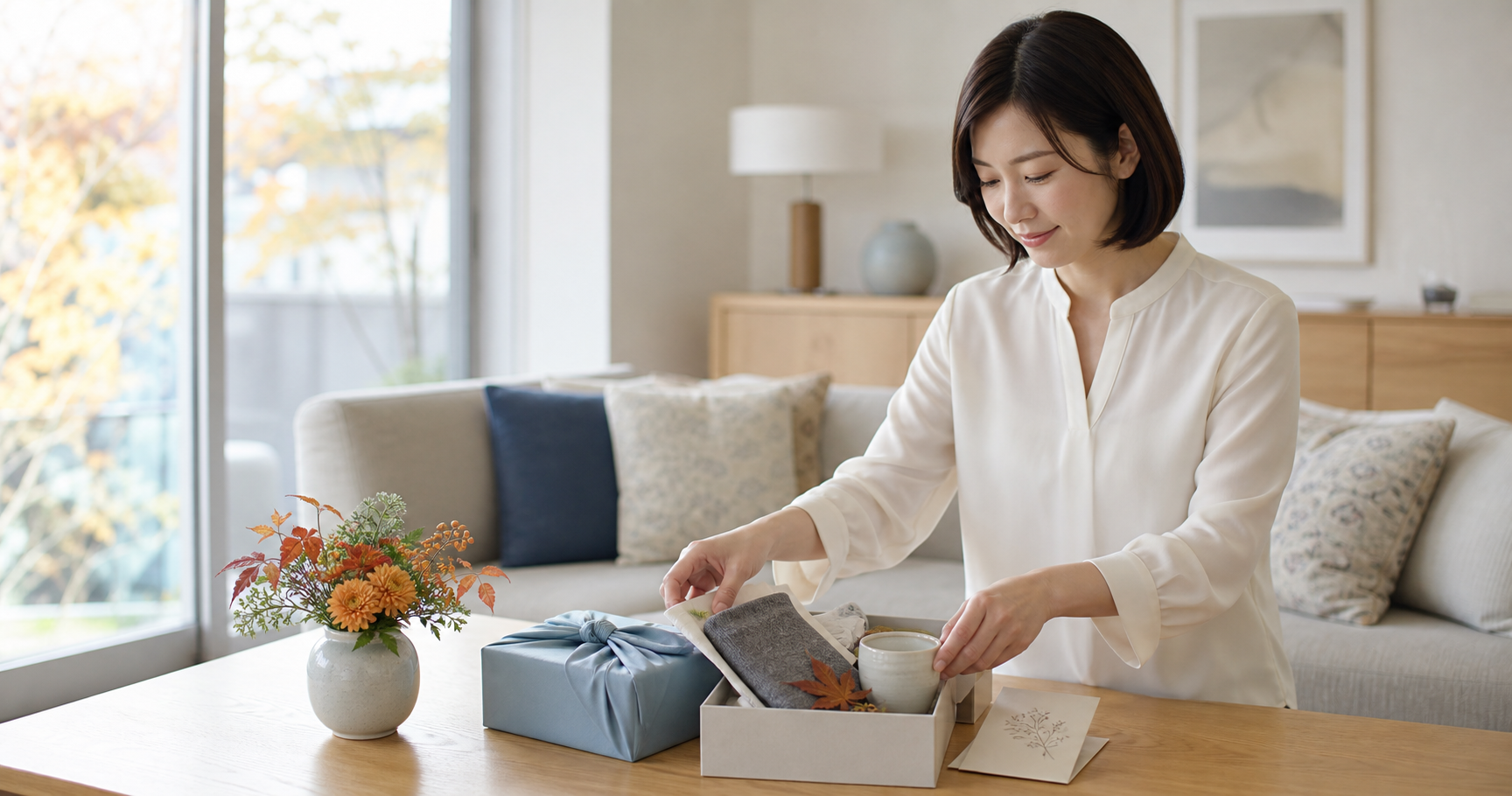 明るいリビングで敬老の日のプレゼントを準備する女性