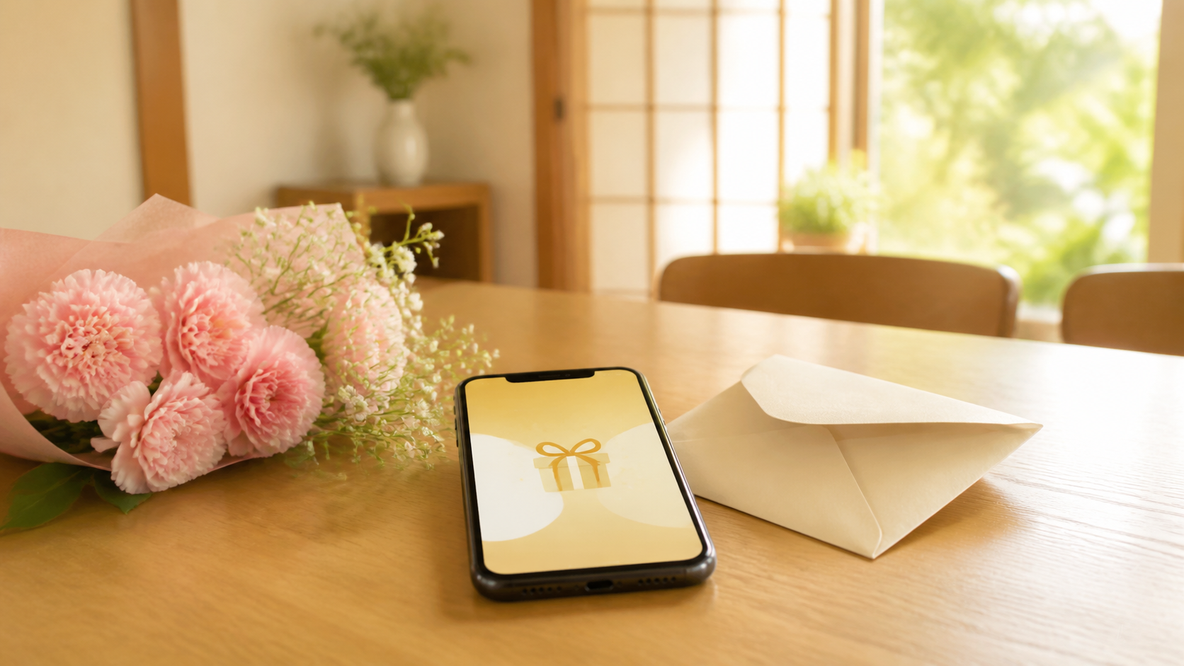 花束とスマートフォン、封筒を並べた敬老の日のデジタルギフトのイメージ