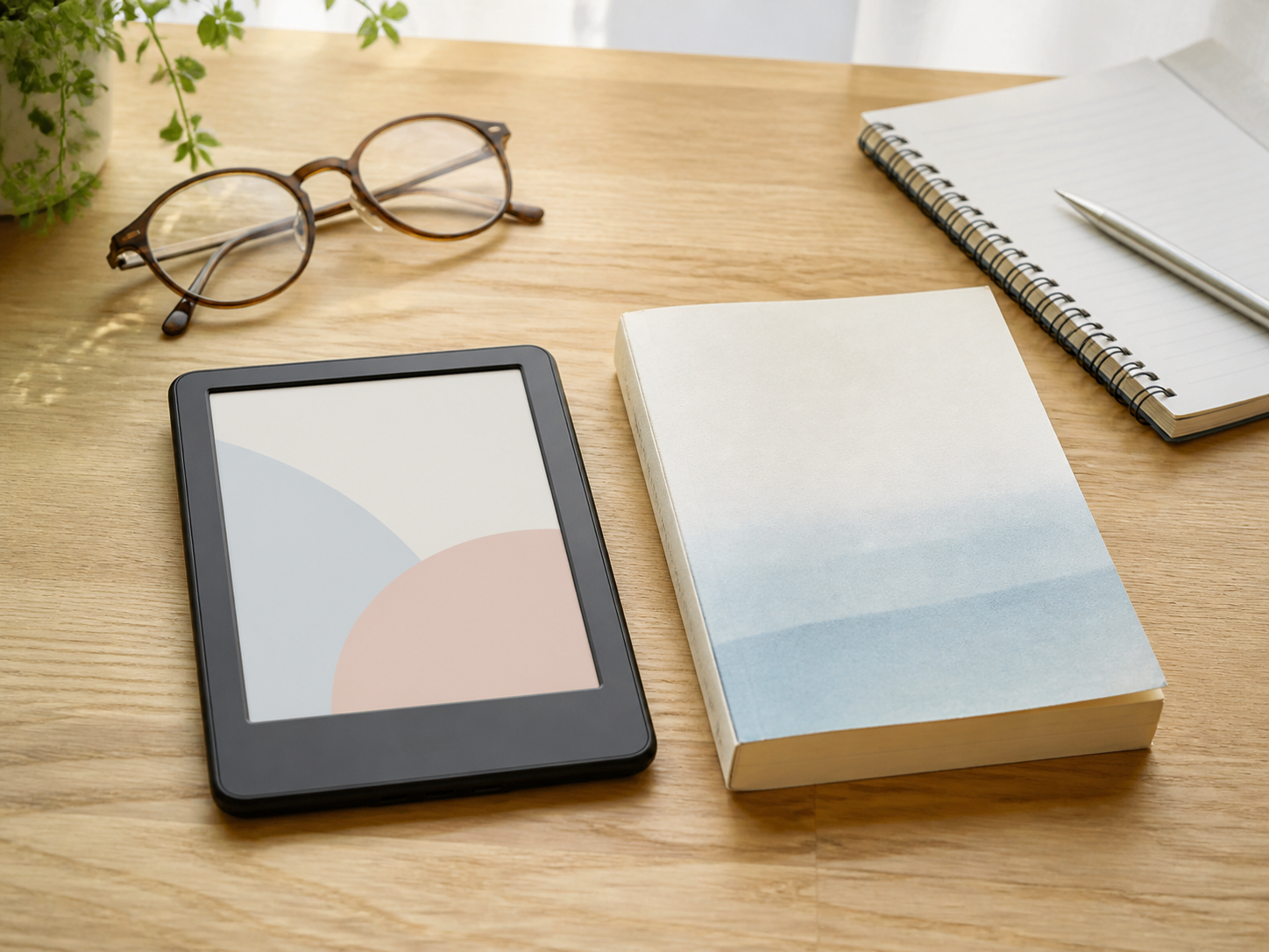電子書籍リーダーと紙の本、眼鏡を並べた読書の比較イメージ