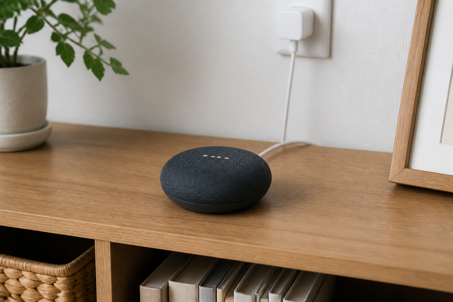 棚の上で電源と置き場所を確認するコンパクトなスマートスピーカーのイメージ