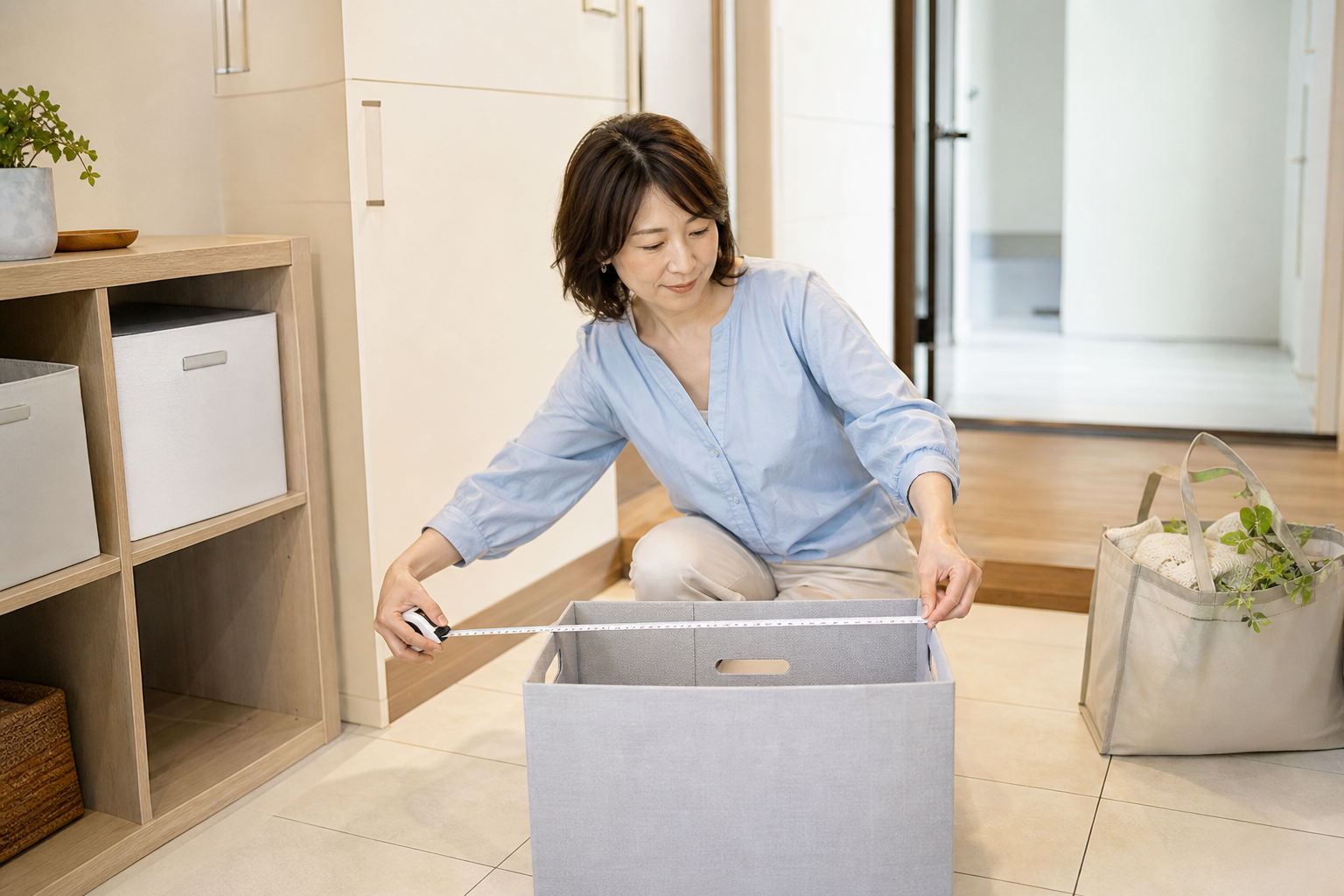 玄関収納の前でライトグレーの収納ボックスの幅をメジャーで測る女性