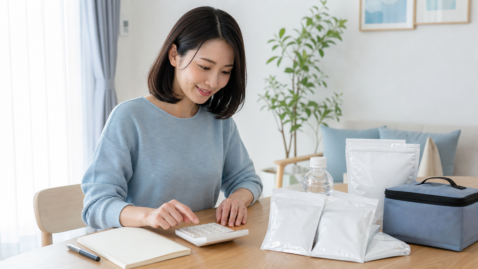 非常用トイレの必要回数を電卓で計算する女性