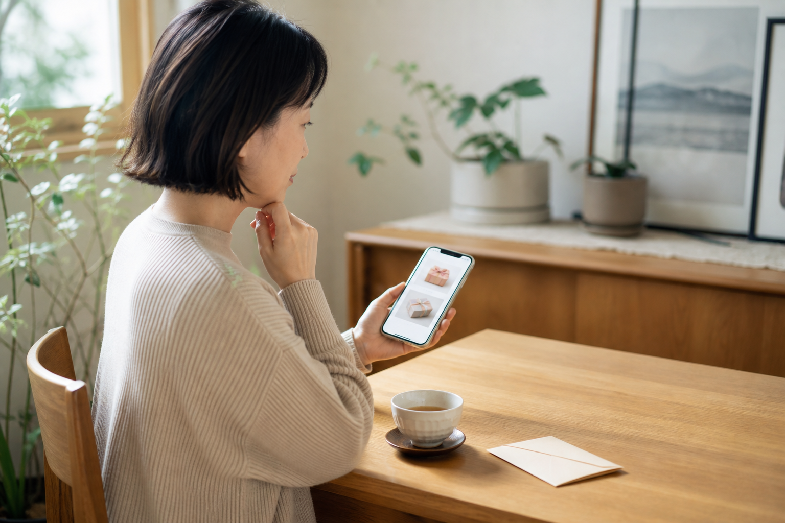 スマートフォンでギフトの形式を比較する女性