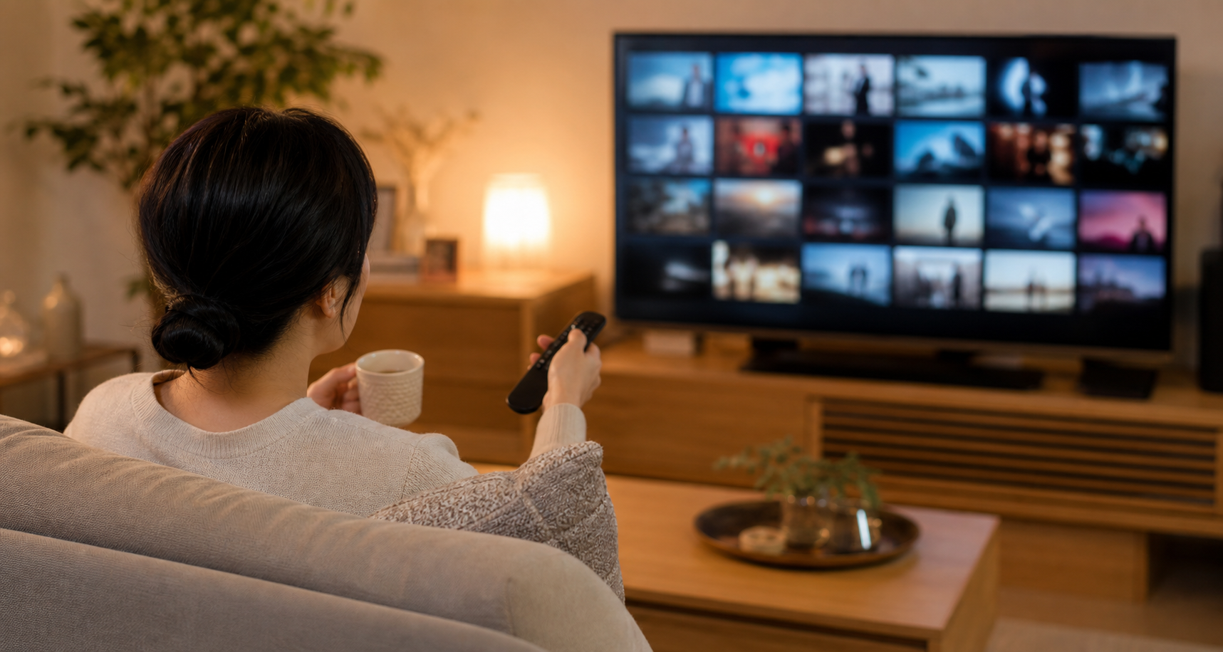 ソファで動画配信の画面を選ぶ女性の後ろ姿