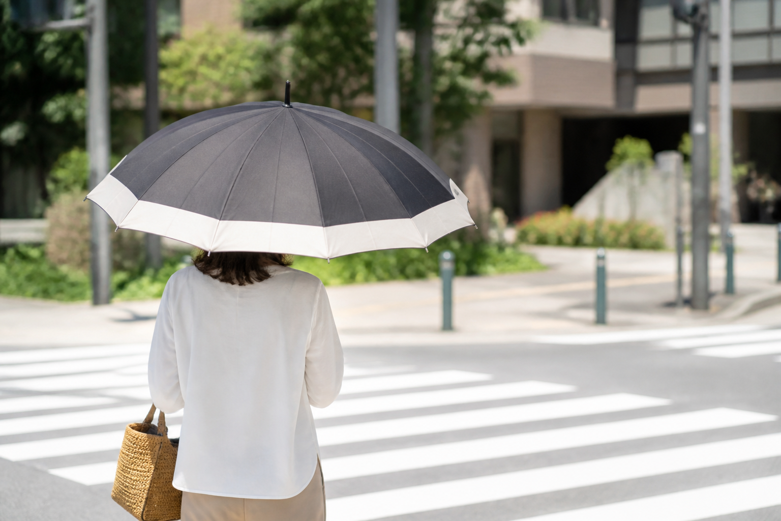横断歩道の前で晴雨兼用日傘をさす女性の後ろ姿