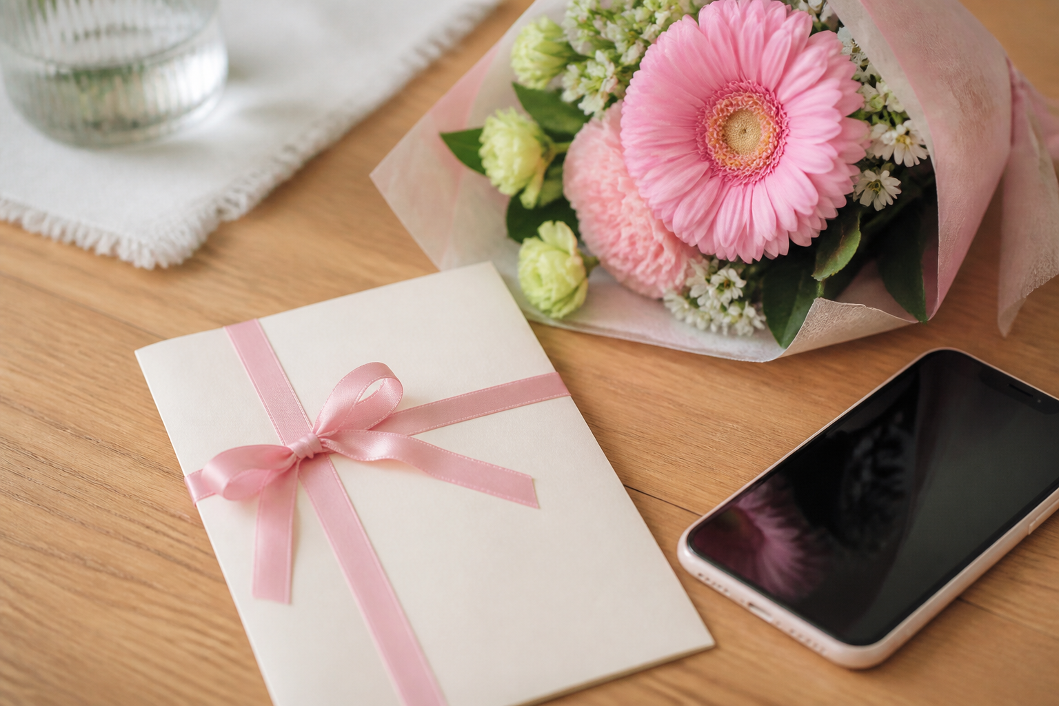 花束と包み、スマートフォンを置いたギフトのイメージ