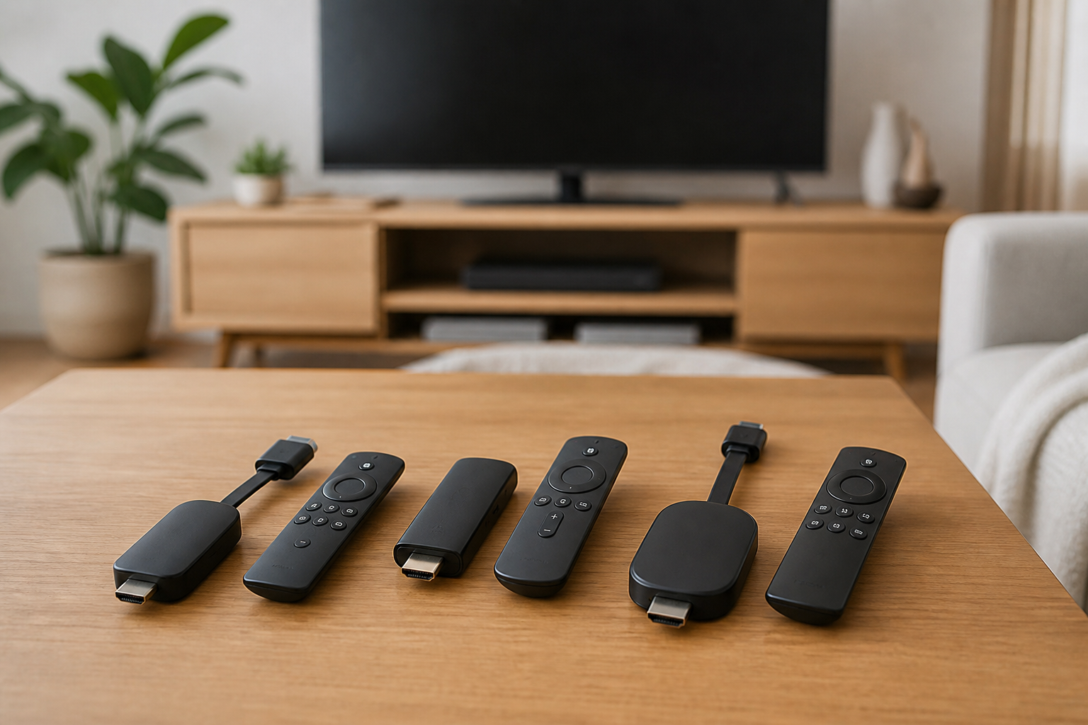 テレビ用ストリーミング端末とリモコンを比較するイメージ