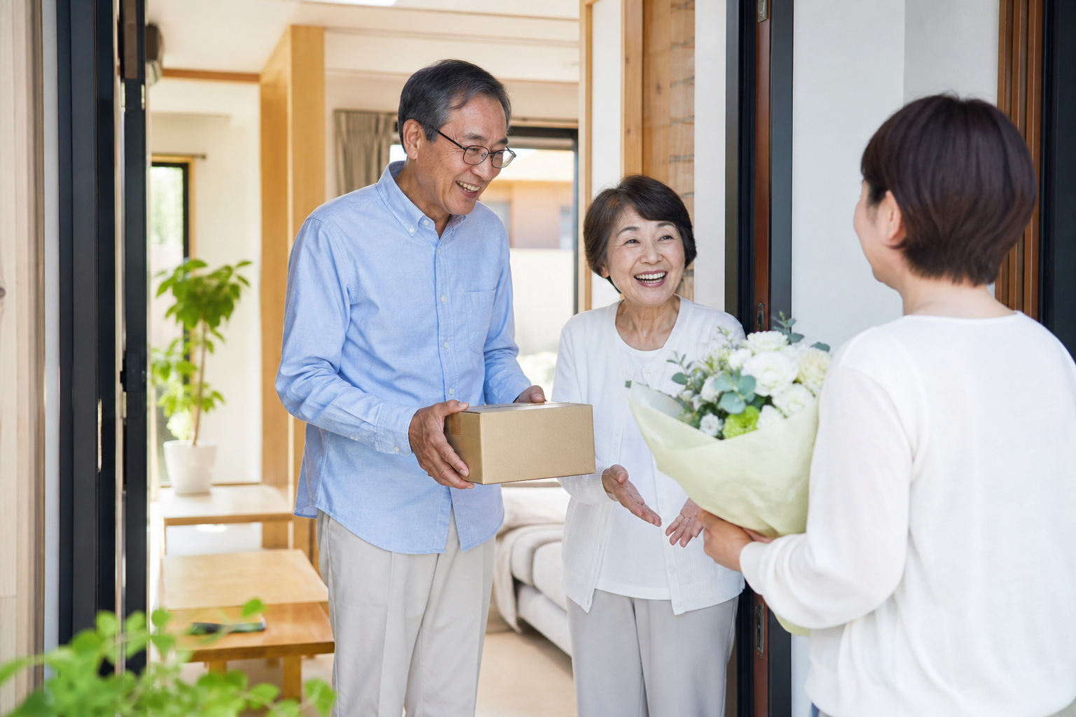 敬老の日のプレゼントを家族へ手渡す明るい玄関先