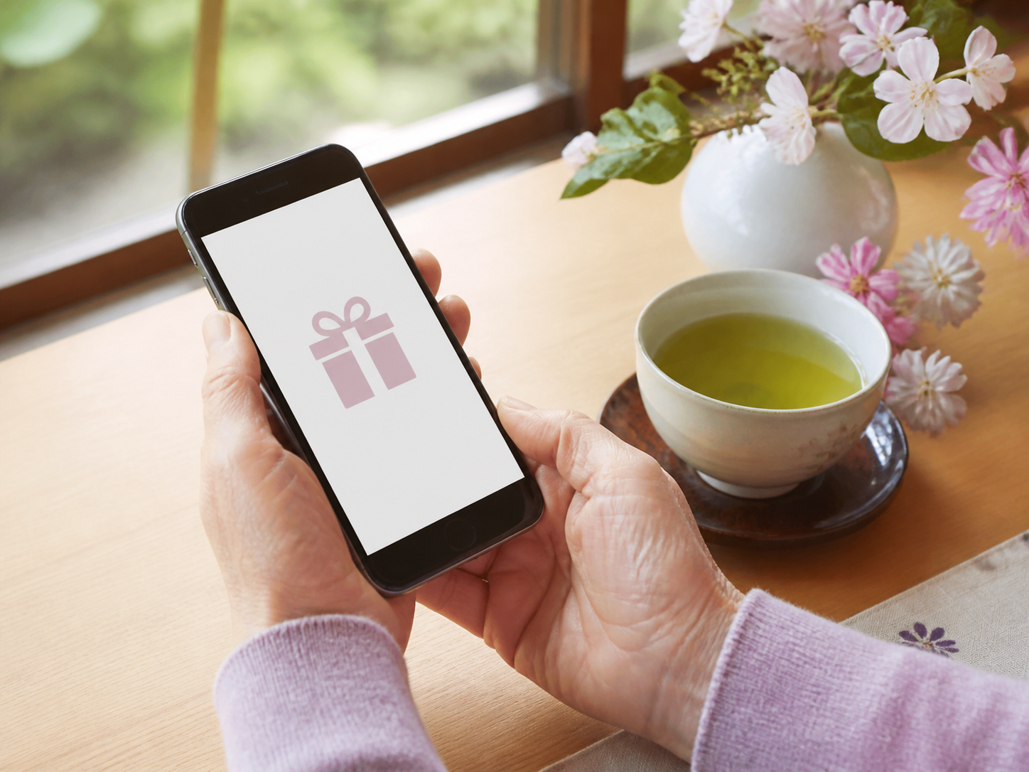 年配の人がスマートフォンでデジタルギフトを受け取るイメージ