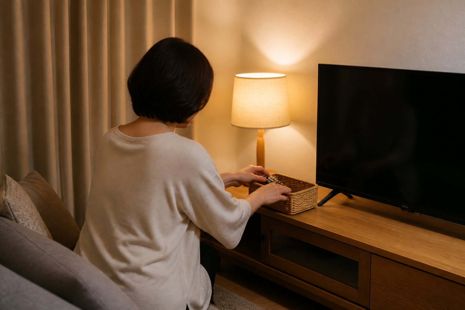 テレビ横のかごにリモコンを整えるリビングの様子