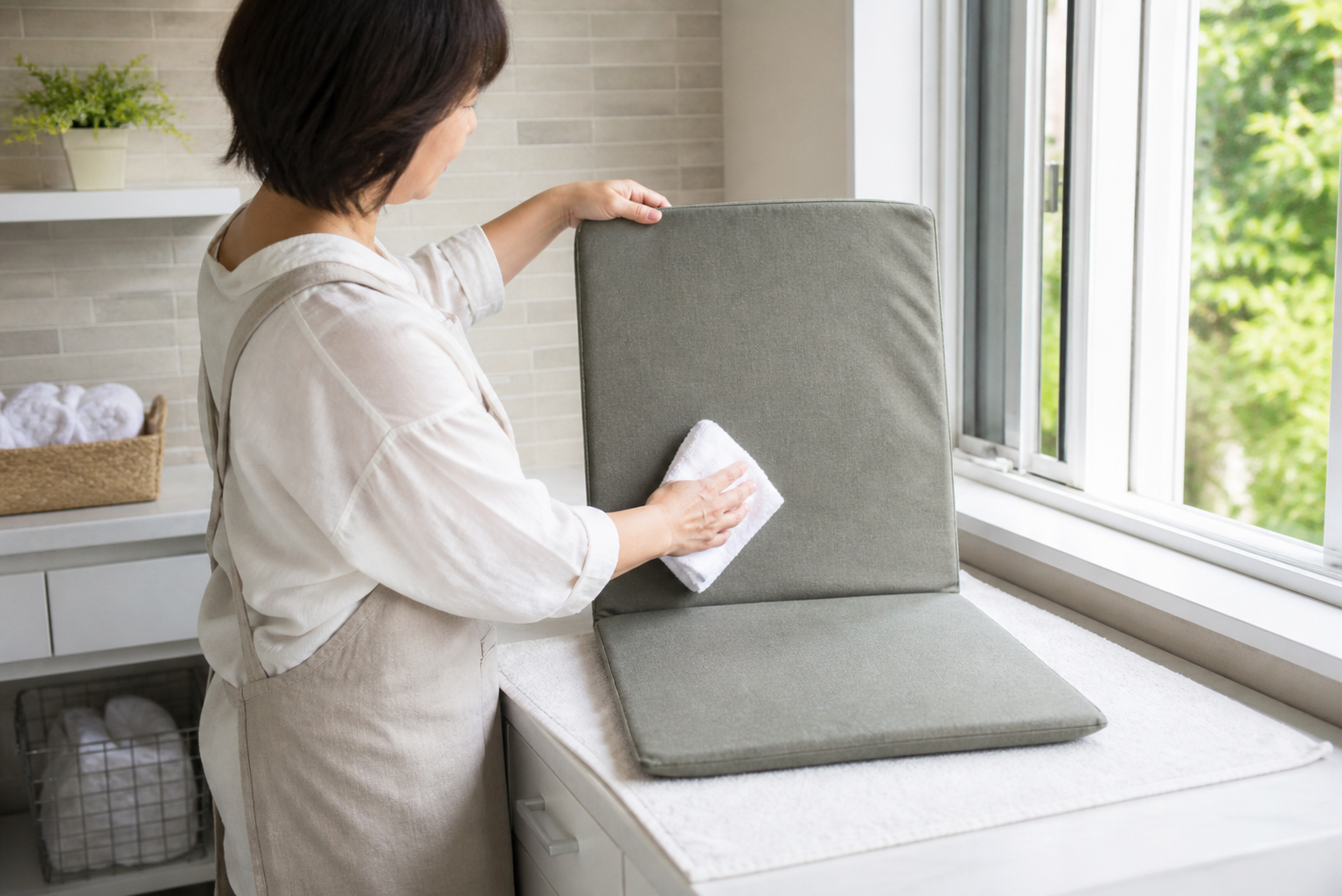 使用後の折りたたみクッションを拭いて乾かす女性