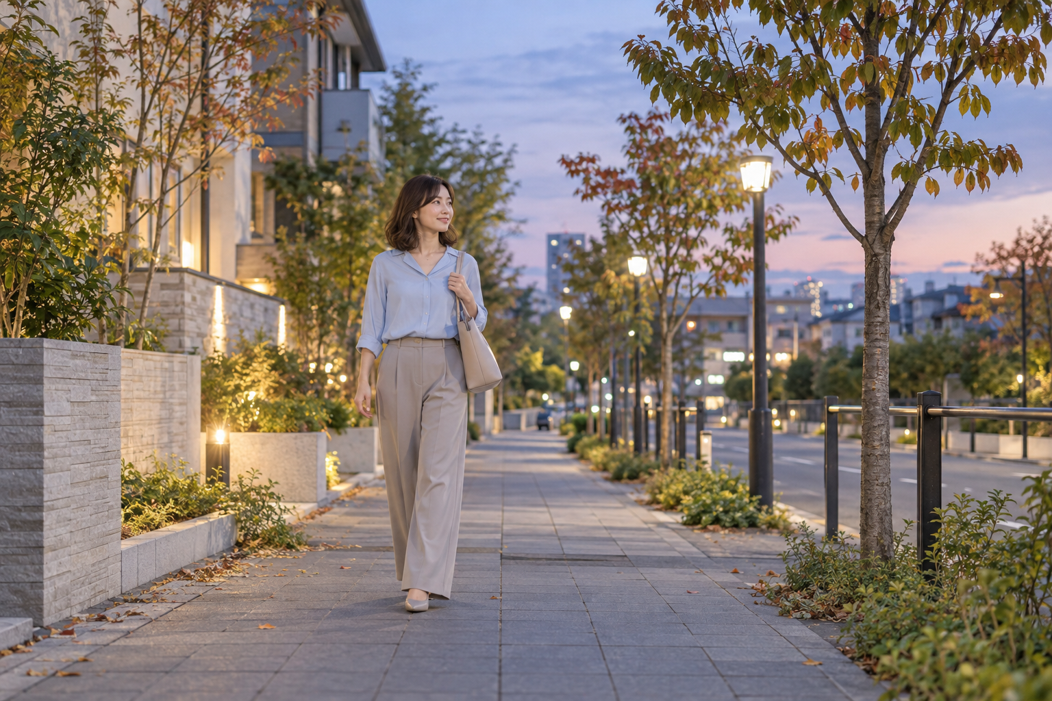 秋の夕暮れの明るい歩道を歩く淡いブルーのブラウスの女性