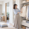 明るいクローゼットの前で秋の服を選ぶ淡いブルーのブラウスの女性