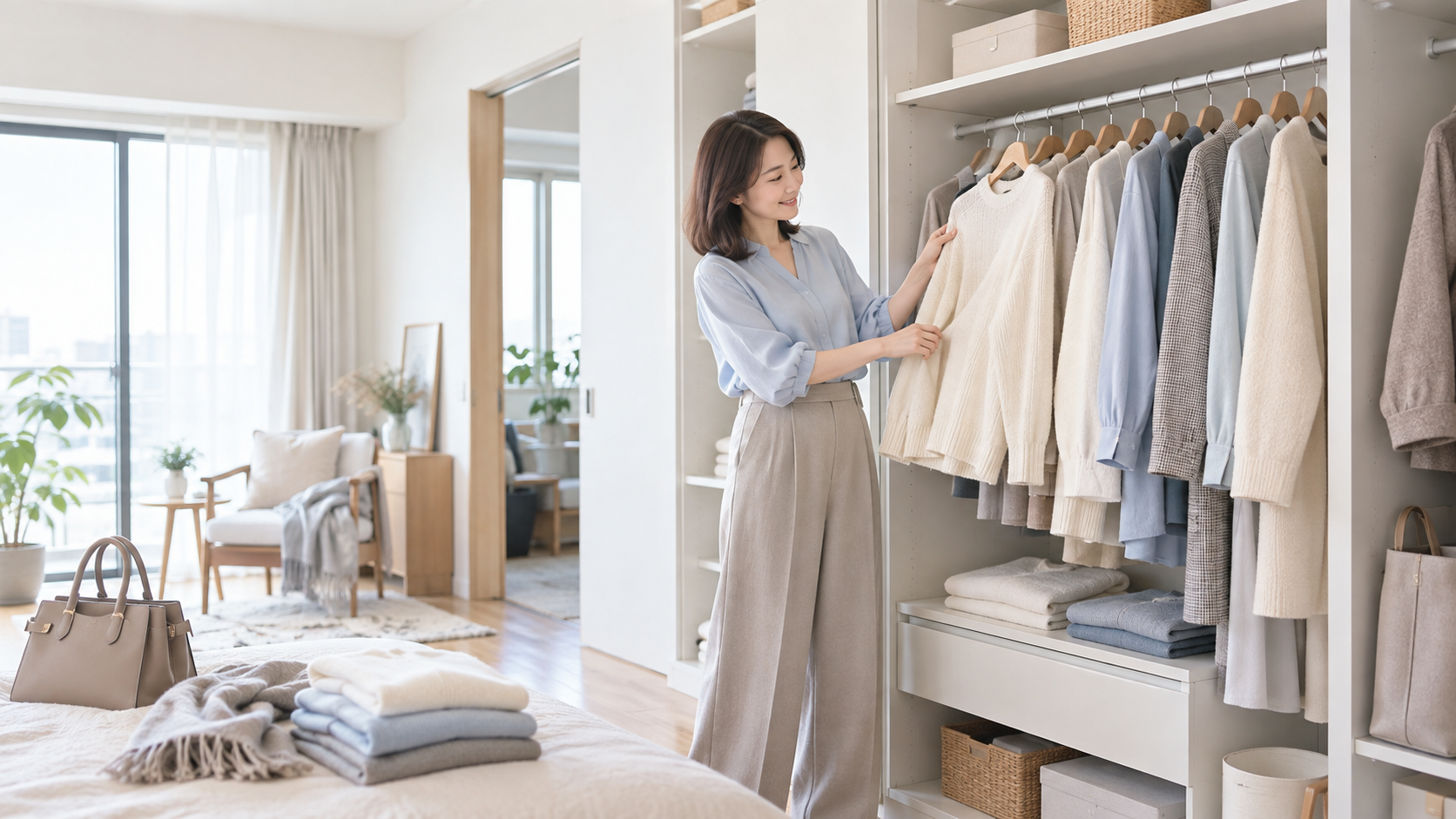 明るいクローゼットの前で秋の服を選ぶ淡いブルーのブラウスの女性