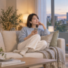 秋の夕暮れのリビングでスマートフォンから音声を聴く淡いブルーのニットの女性
