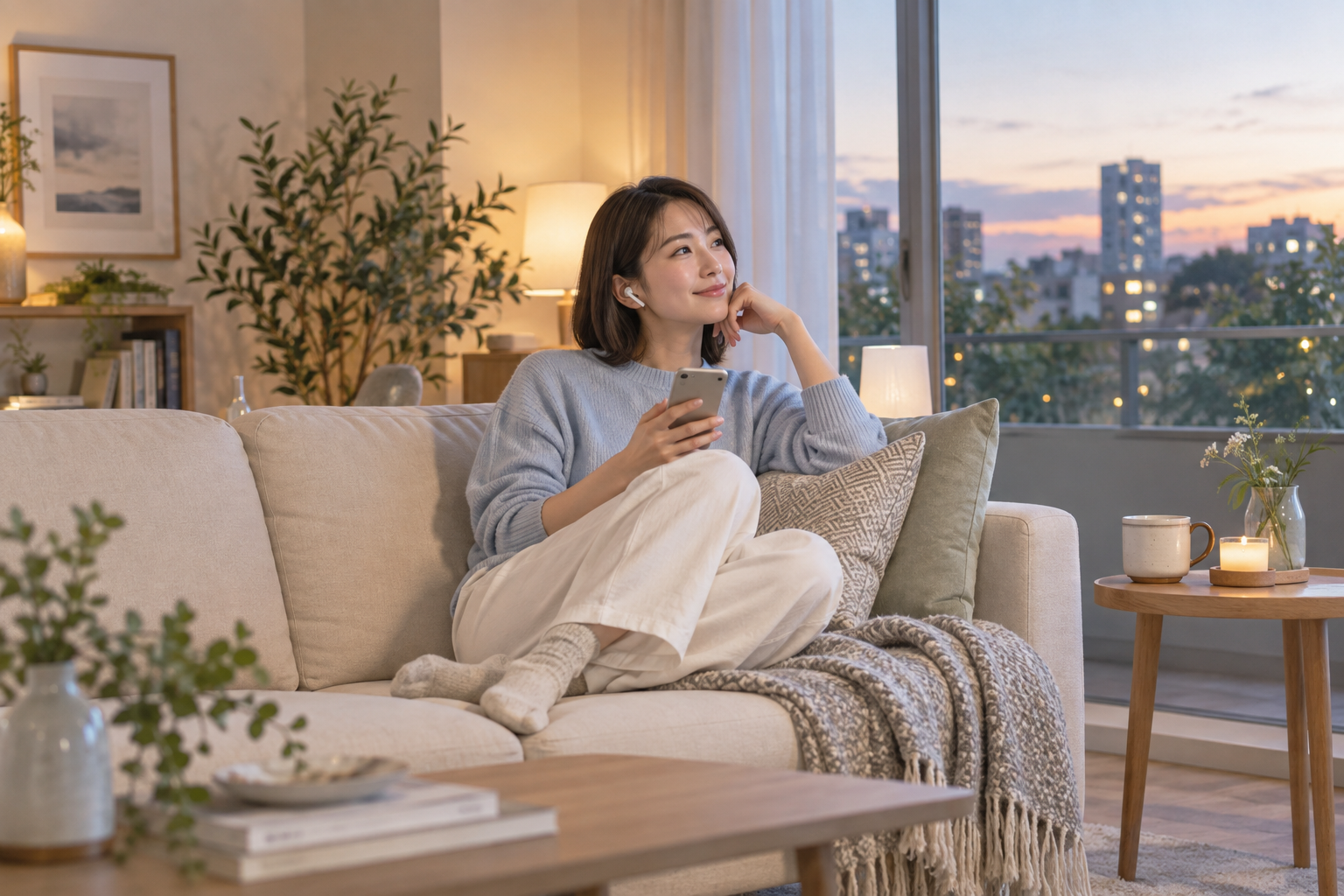 秋の夕暮れのリビングでスマートフォンから音声を聴く淡いブルーのニットの女性