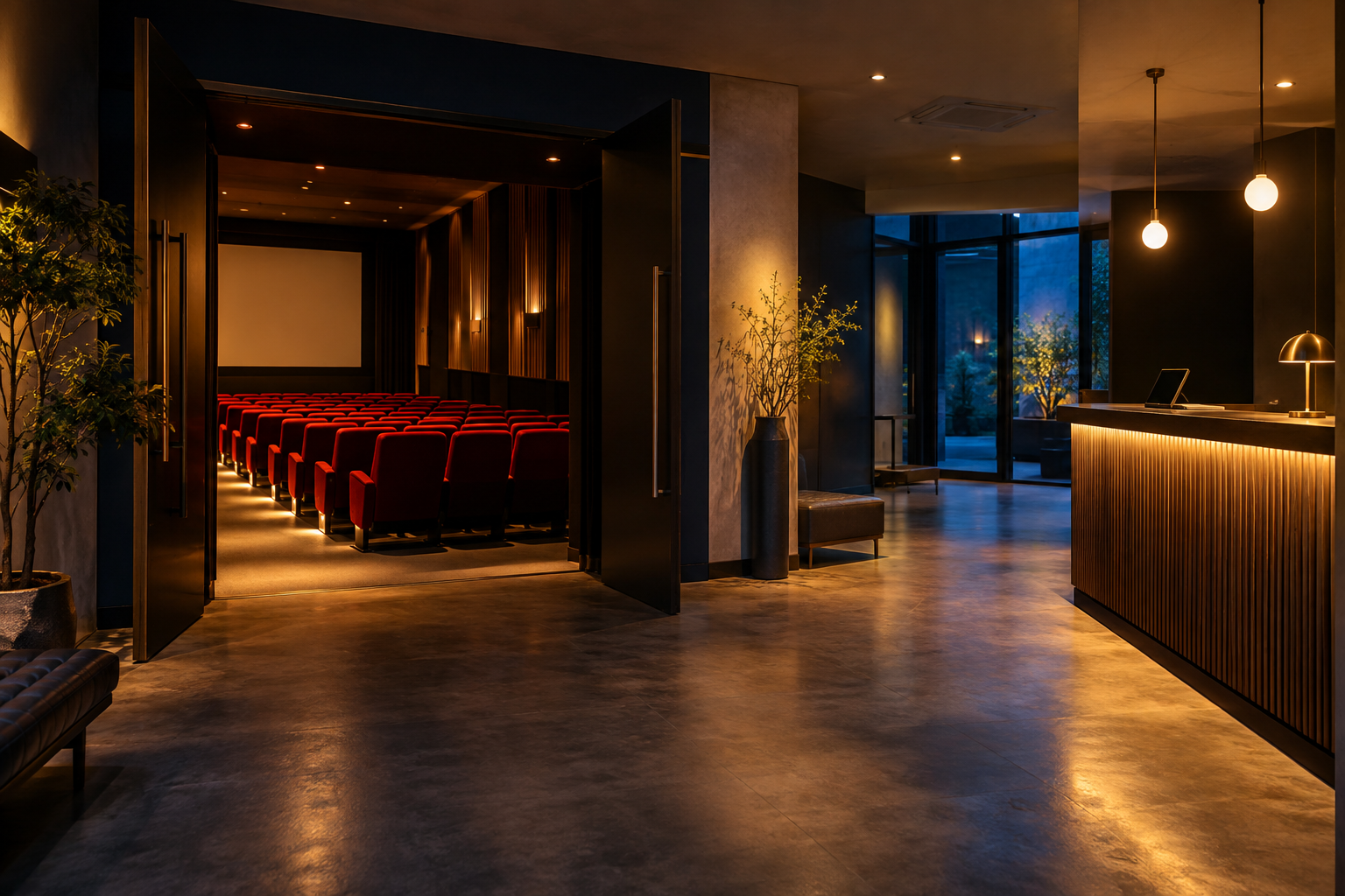 夜の映画館ロビーに並ぶ空席の赤い椅子と上映案内板