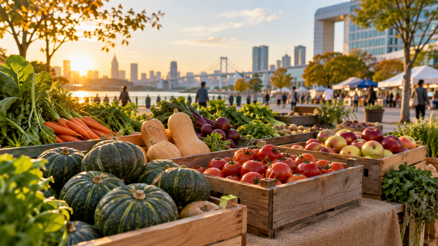 夕方の竹芝の屋外広場で色鮮やかな野菜と果物が並ぶ食のイベント