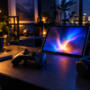 夜の机でゲームコントローラーとタブレットを置き公式配信を楽しむ準備をした場面
