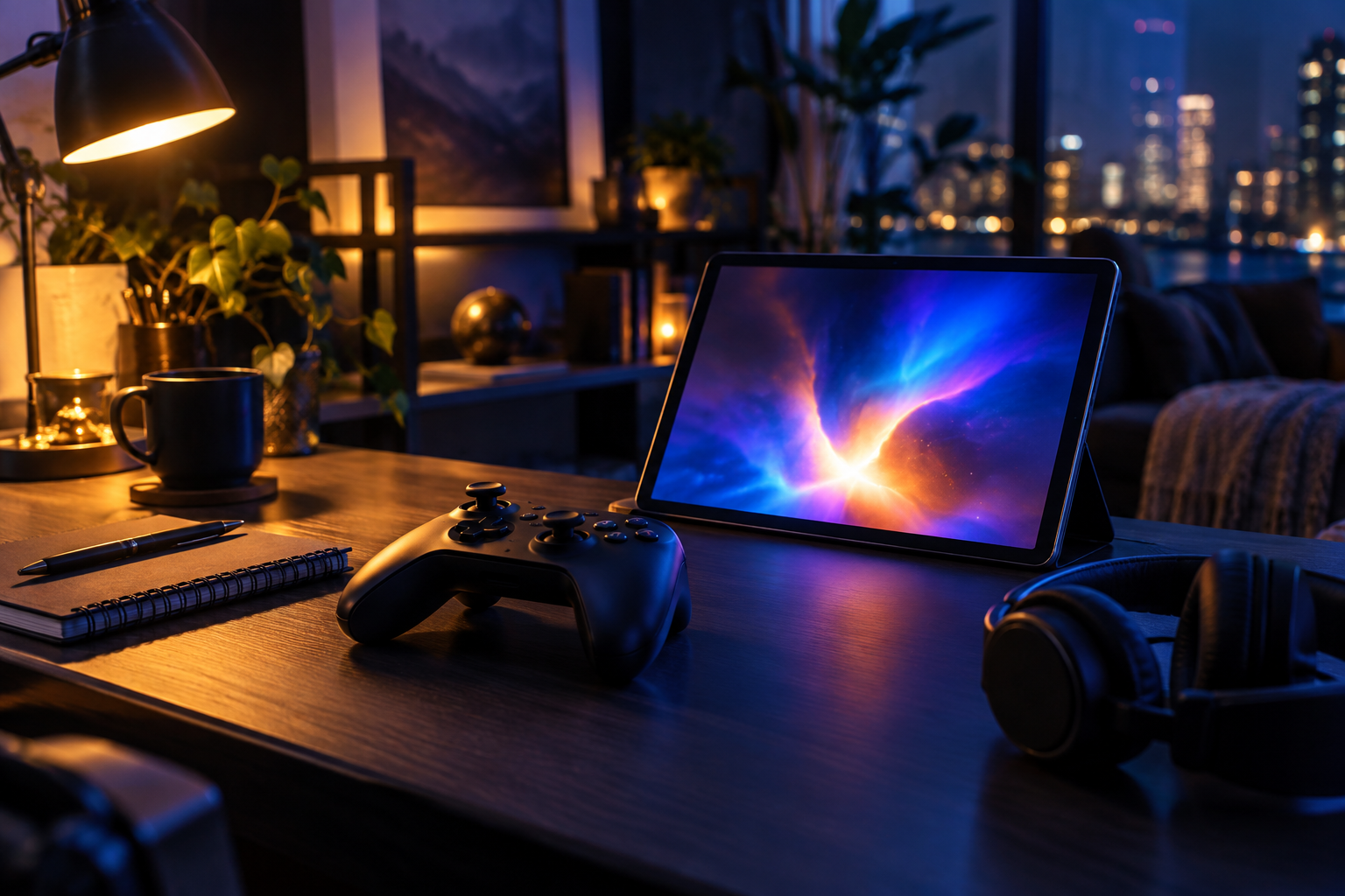 夜の机でゲームコントローラーとタブレットを置き公式配信を楽しむ準備をした場面