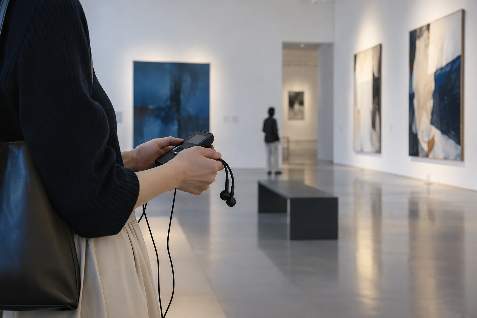 静かな美術館の展示室で抽象画を前に音声ガイド端末とイヤホンを手にする様子