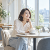 明るいカフェで久しぶりの友人との再会を待つ女性