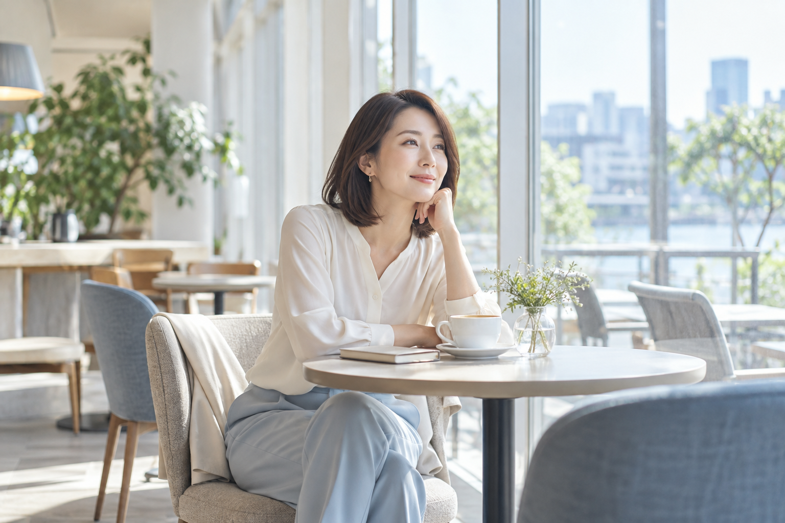 明るいカフェで久しぶりの友人との再会を待つ女性