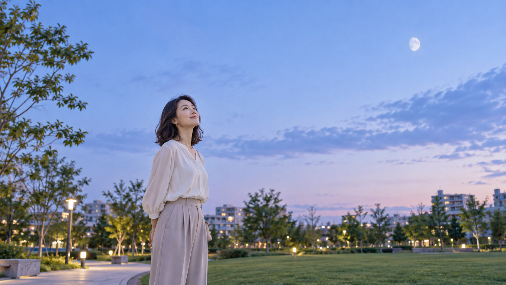 夕暮れの公園で秋の空を見上げる女性