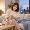明るいリビングで金曜夜に手帳を開き温かい飲み物を置く女性