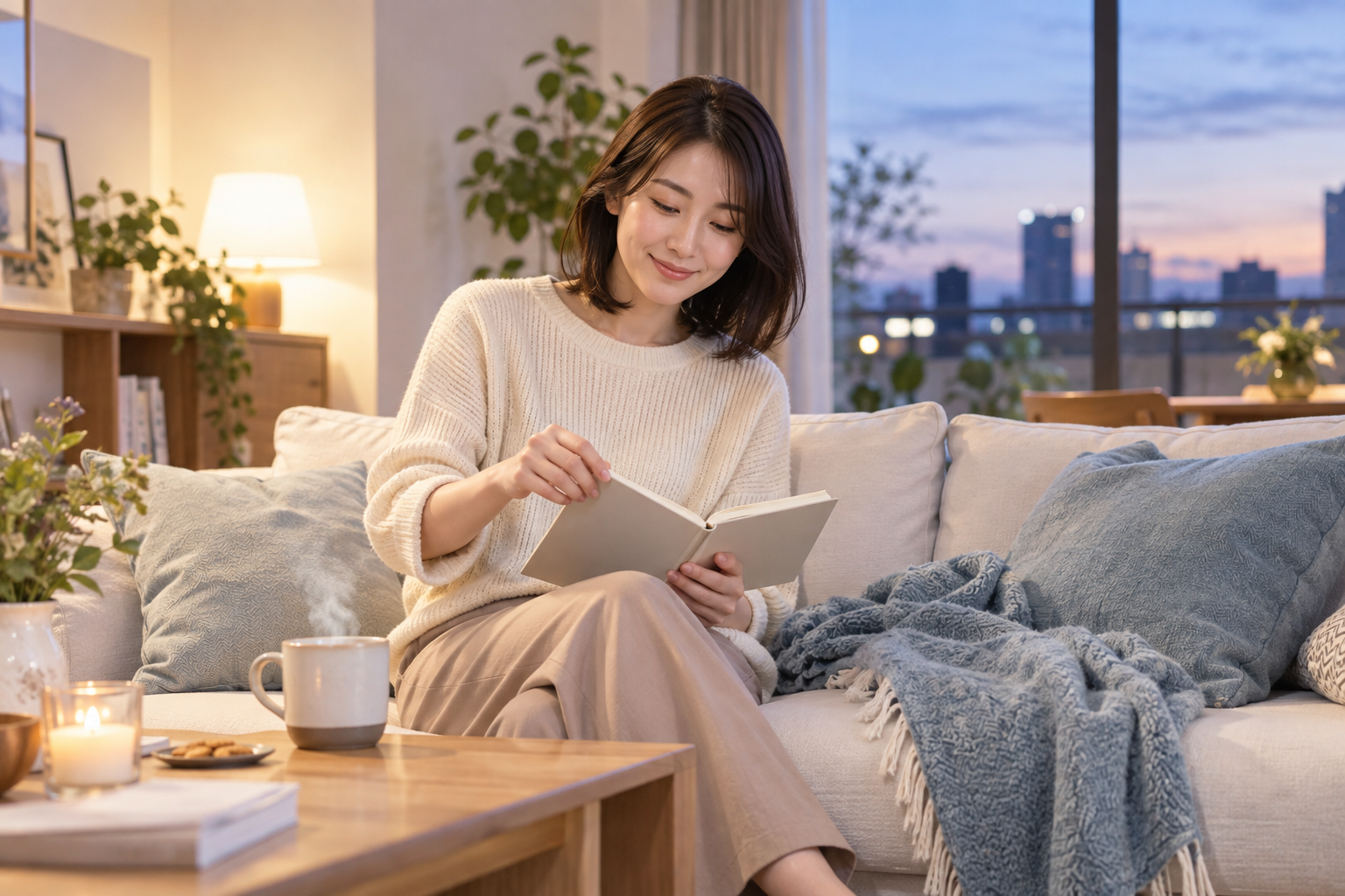 明るいリビングで金曜夜に手帳を開き温かい飲み物を置く女性