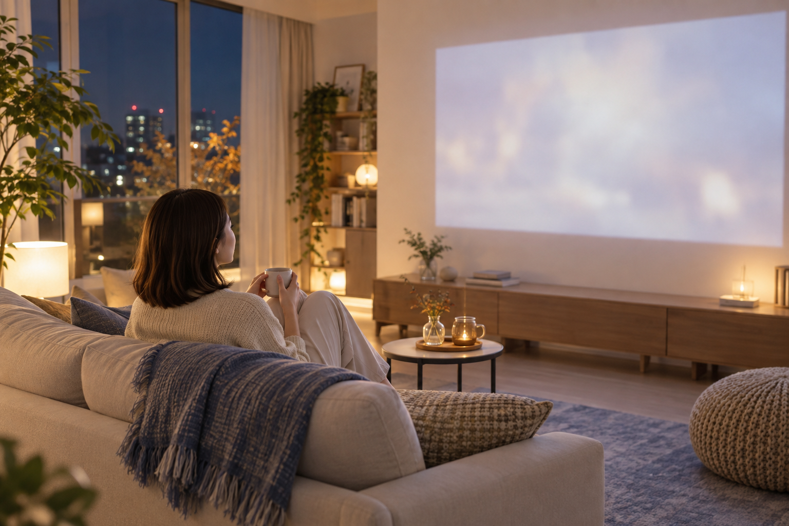 夜のリビングでソファに座り映画を楽しむアイボリーのニットの女性