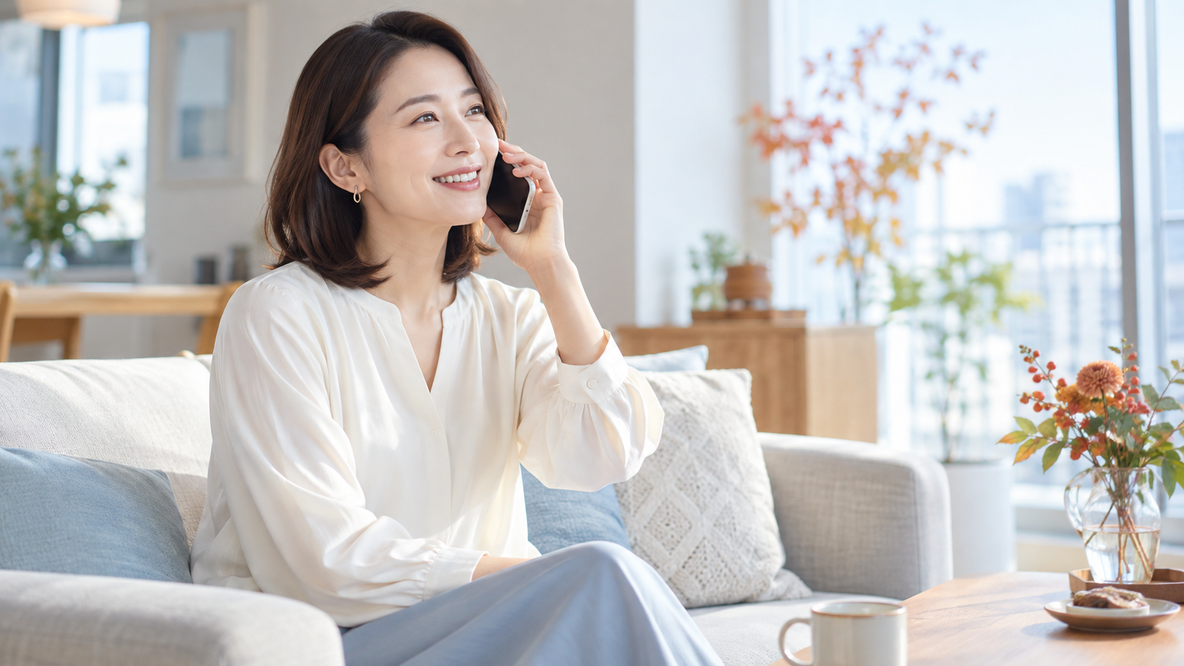 明るいリビングで家族へ電話をかける女性と秋の花