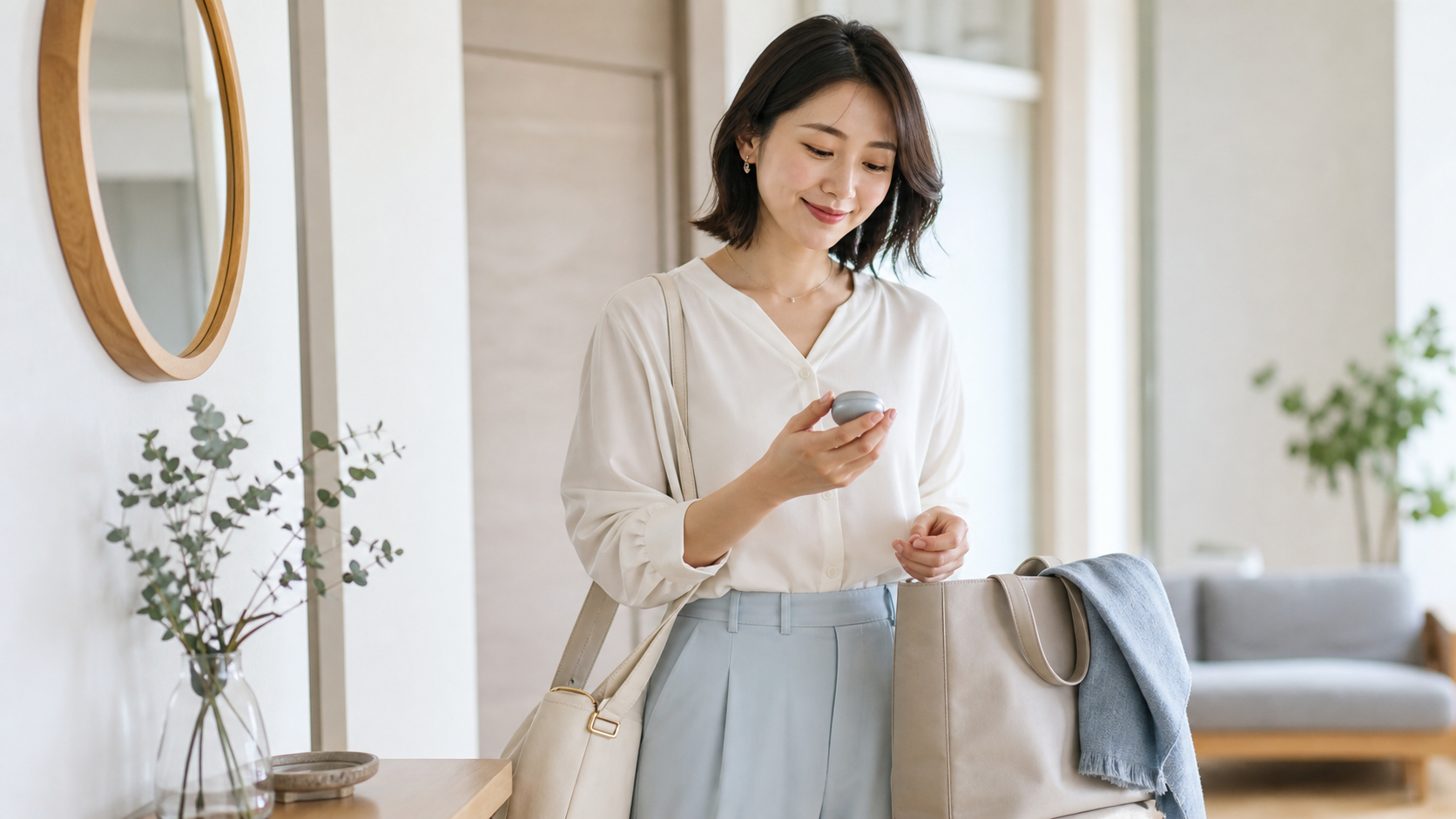 明るい玄関でライブ用耳栓のケースと小さなバッグを準備する女性