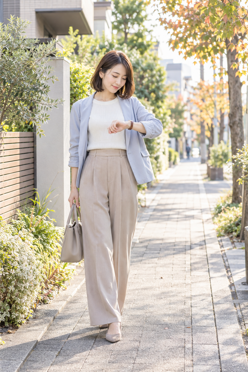 夕方の住宅街で腕時計を見て帰宅時刻を決める女性