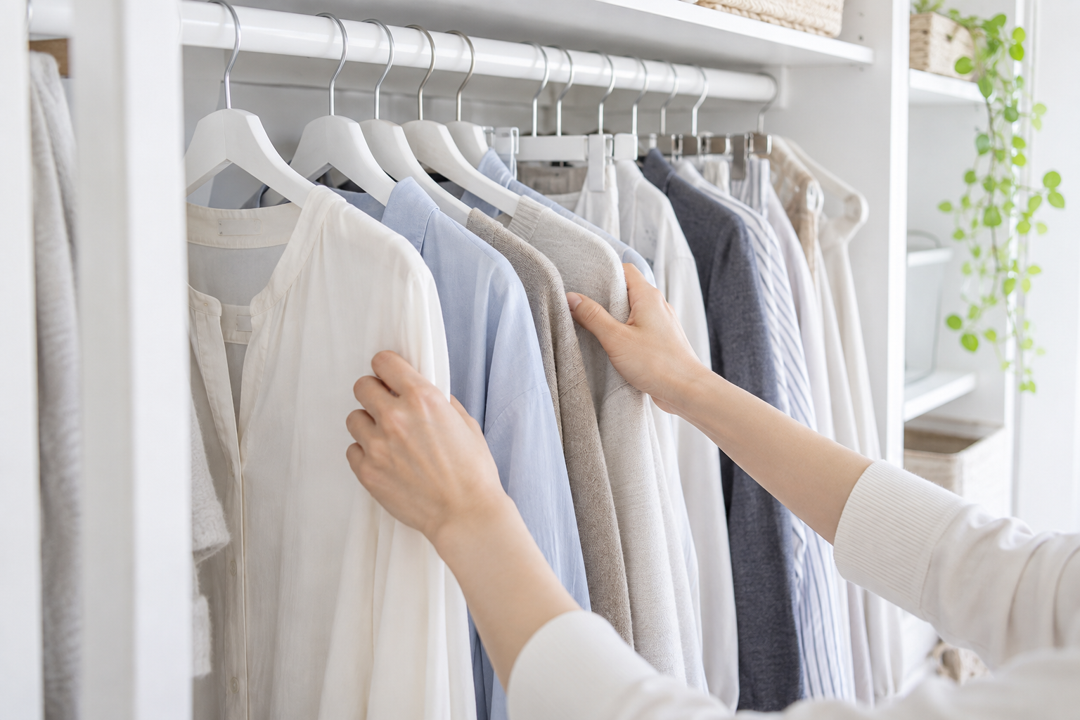 明るいクローゼットで今週着る服を前に寄せる女性の手元