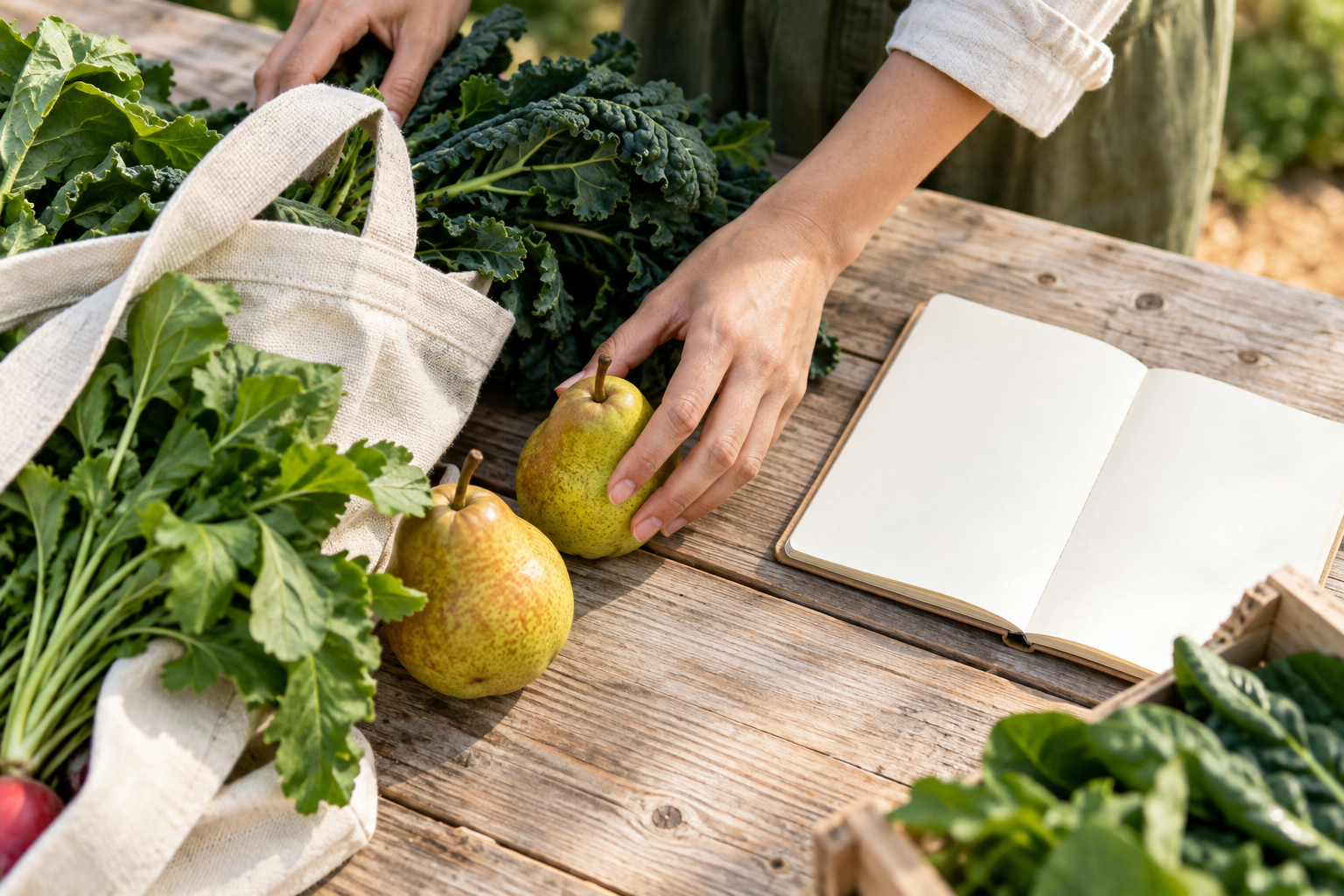 木箱に入った旬の野菜と果物を見ながら予定を考える手元