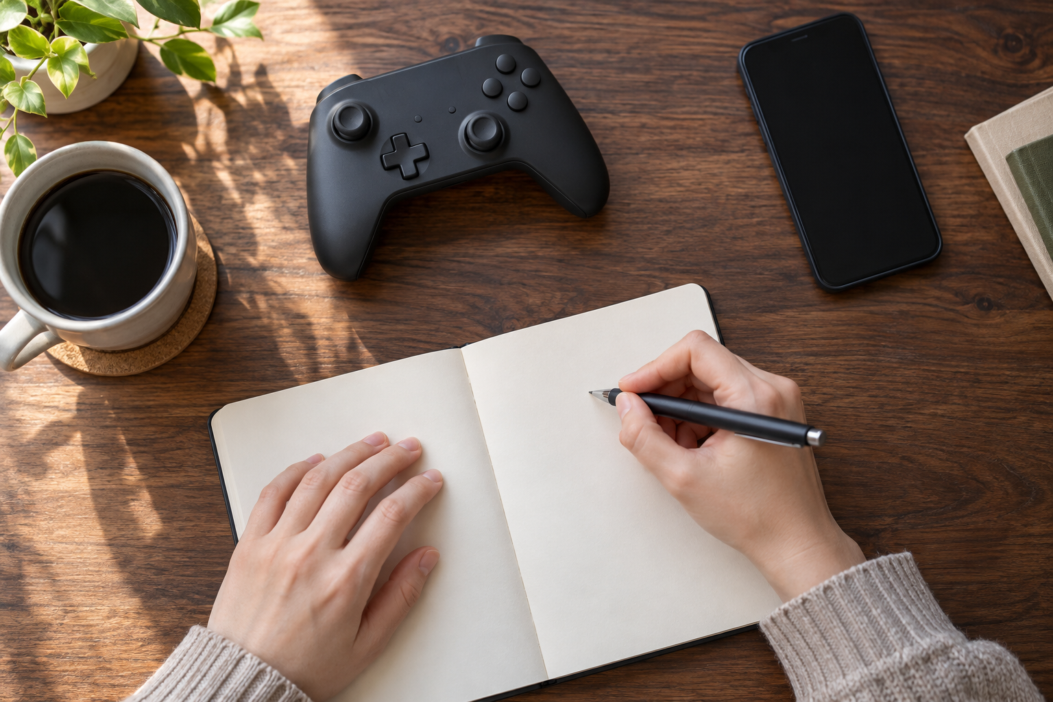 ゲームコントローラーのそばでノートに気になる言葉を書き留める手元